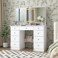 Famapy Pink Modern Makeup Vanity Desk 9-Drawers Wood Dressing Table with 3 Mirrors, Hidden Storage Shelves, Led Lighted Lights