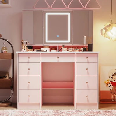 Famapy Pink Modern Makeup Vanity Desk 9-Drawers Wood Dressing Table with 3 Mirrors, Hidden Storage Shelves, Led Lighted Lights