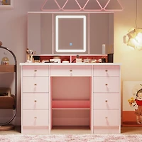 Famapy Pink Modern Makeup Vanity Desk 9-Drawers Wood Dressing Table with 3 Mirrors, Hidden Storage Shelves, Led Lighted Lights