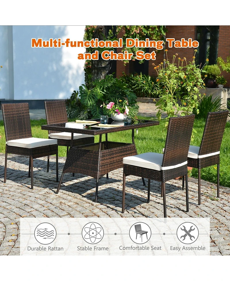 Sugift 5 Pieces Rattan Dining Set with Glass Table and High Back Chair