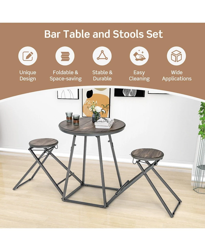 3 Pieces Dining Table Set with 2 Foldable Stools for Small Space