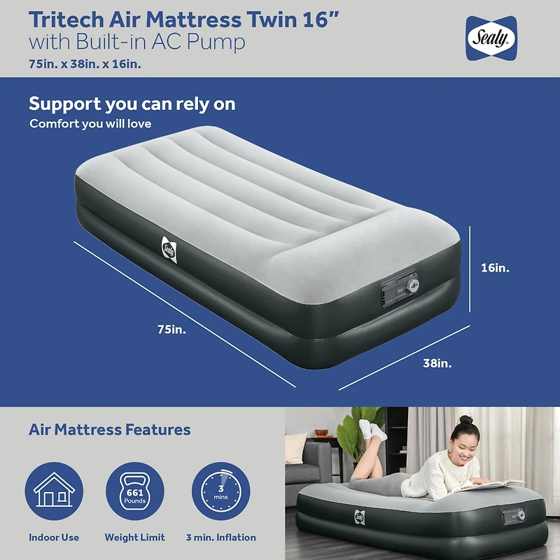 Sealy Baby Tritech Twin Sized 16" Air Mattress Bed 2 Person w/Built-In Ac Pump & Bag