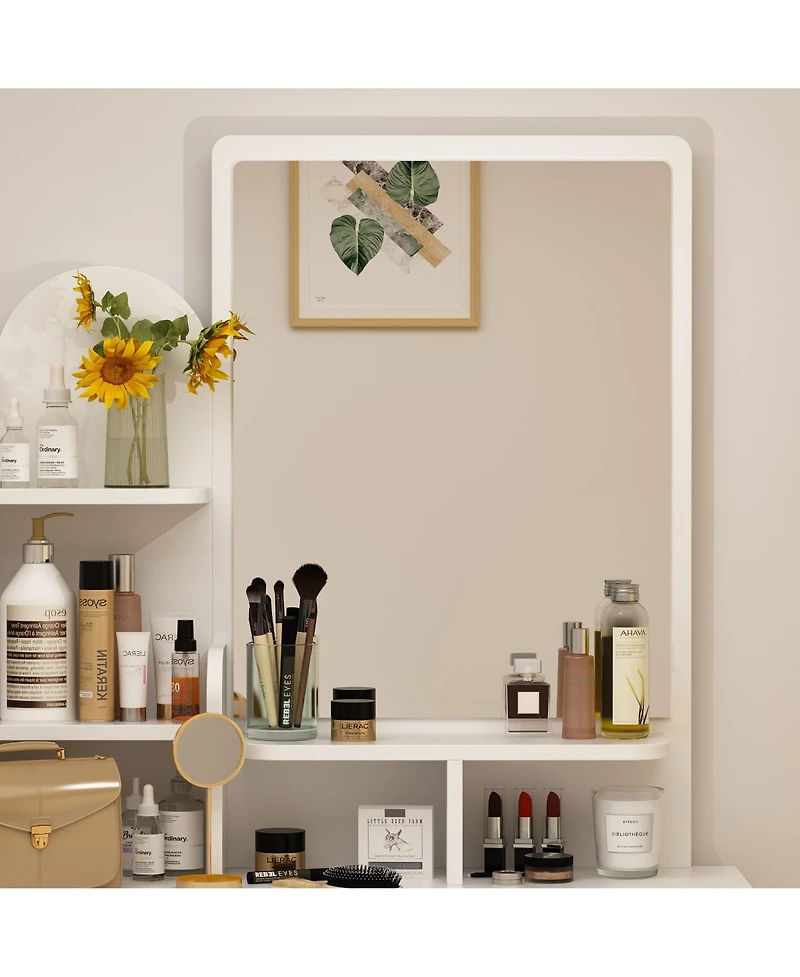 Famapy 5-Drawers White Makeup Vanity Table Wooden Dressing Desk With Mirror and 3-Tier Storage Shelves