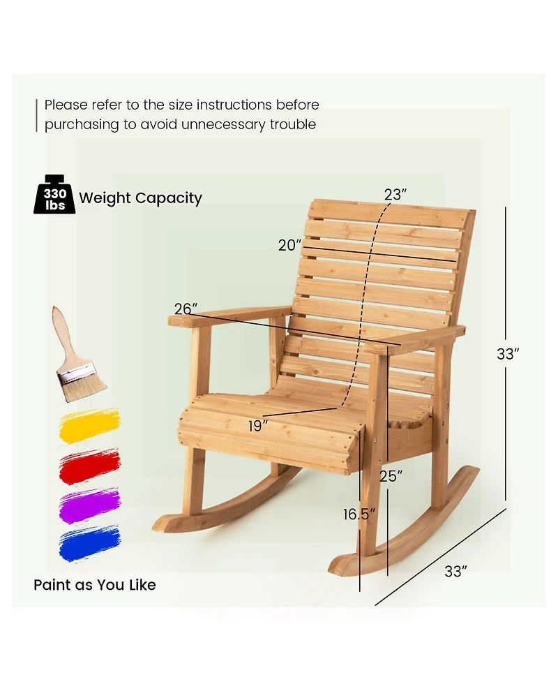 Sugift Outdoor Fir Wood Rocking Chair with High Backrest