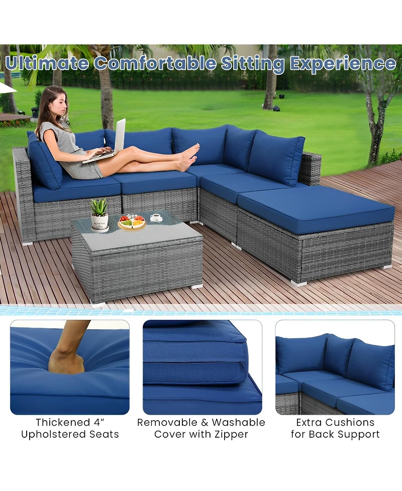 6 Pieces Outdoor Rattan Sofa Set with Seat and Back Cushions