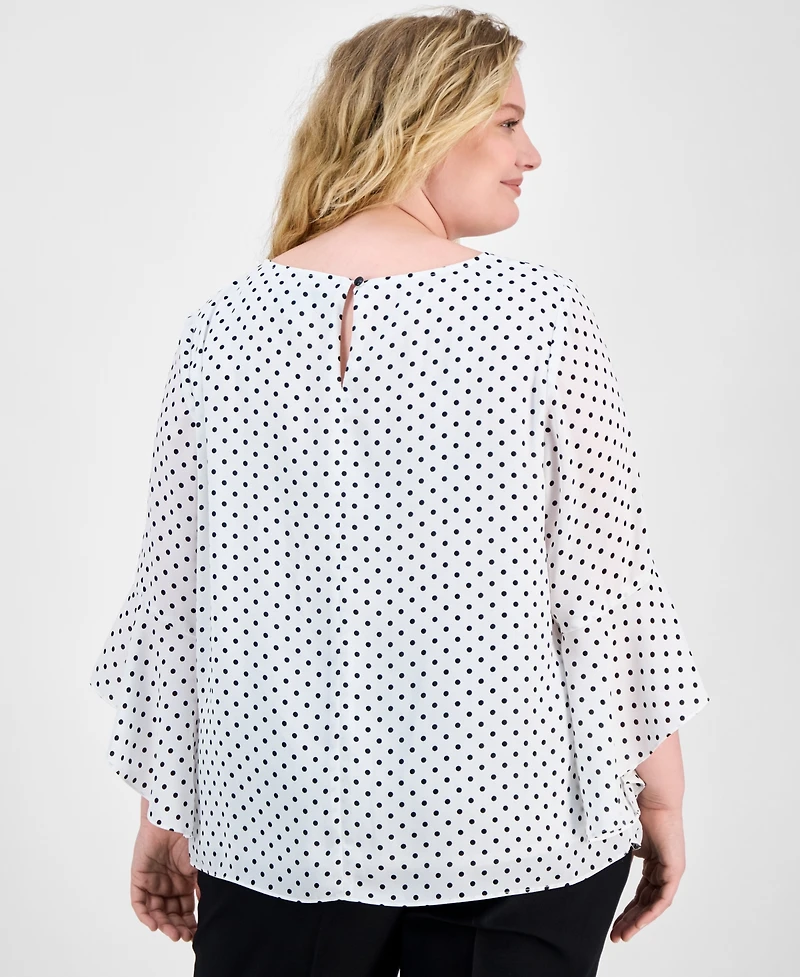 Kasper Plus Polka-Dot Ruffle-Sleeve Blouse