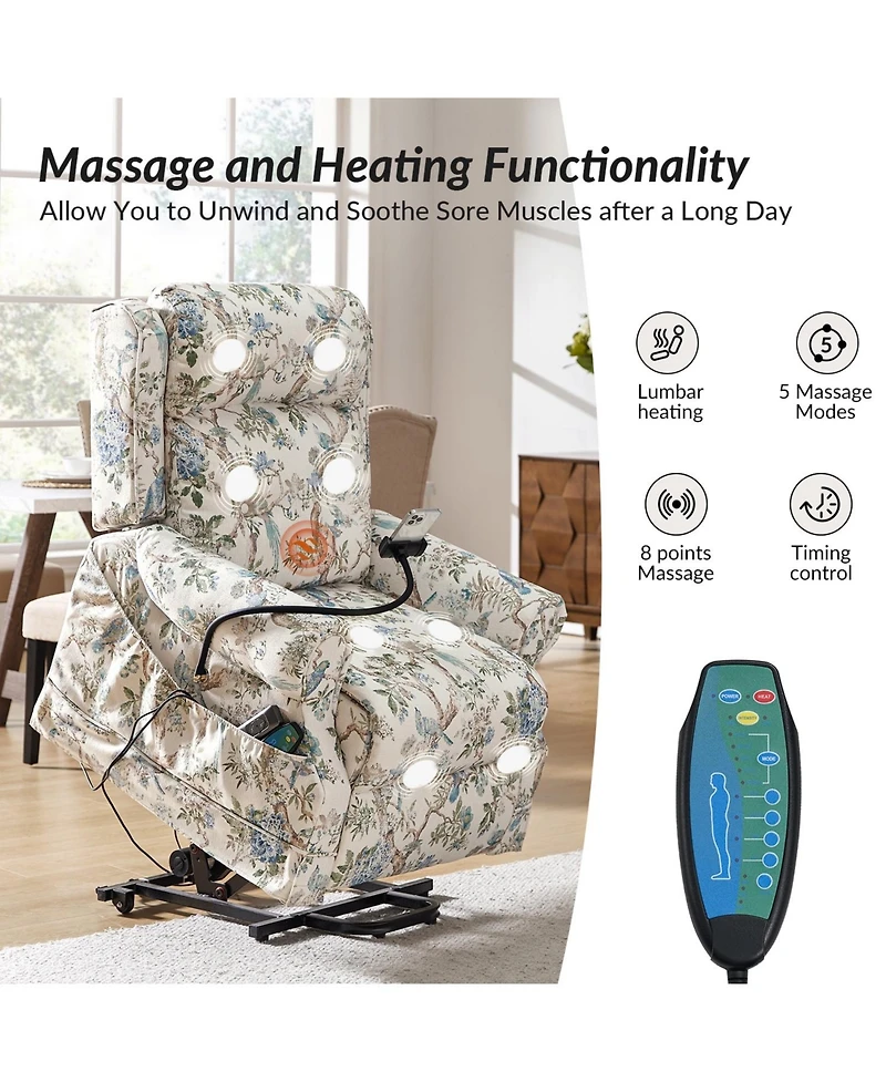 Hulala Home Ruprecht Farmhouse Lift Assist Power Recliner with Massage Heat and Manual Headrest