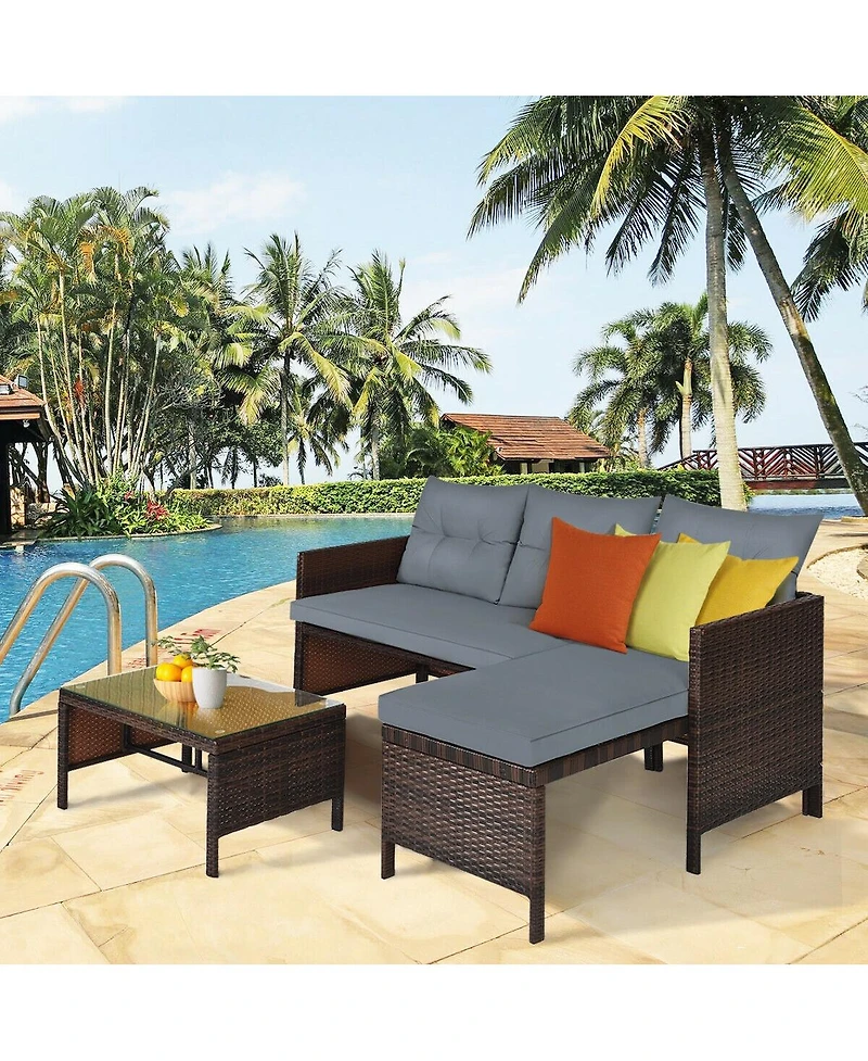 Sugift 3 Pieces Outdoor Patio Corner Rattan Sofa Set-Grey