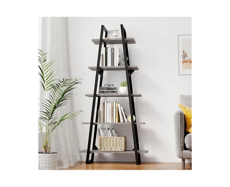 Garmin Bookshelf 5 Tier Industrial Wood, Tall Open Rustic Etagere Bookcase Ladder, Standing Display Shelves for Home Living Room Bedroom Office