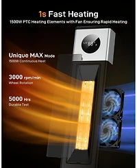 Garmin 33" Space Heater for Large Room, Tower Heater for Indoor Use, 1500W Ptc Ceramic Heater with 3D Flame Effect, Heat Up 200 Square Feet, 90°O