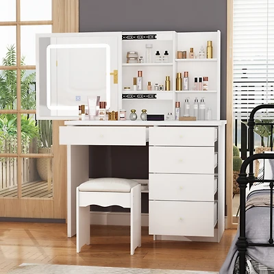 Famapy 5-Drawers White Makeup Vanity Sets Dressing Table Sets with Led Dimmable Mirror, Stool and 3-Tier Storage Shelves
