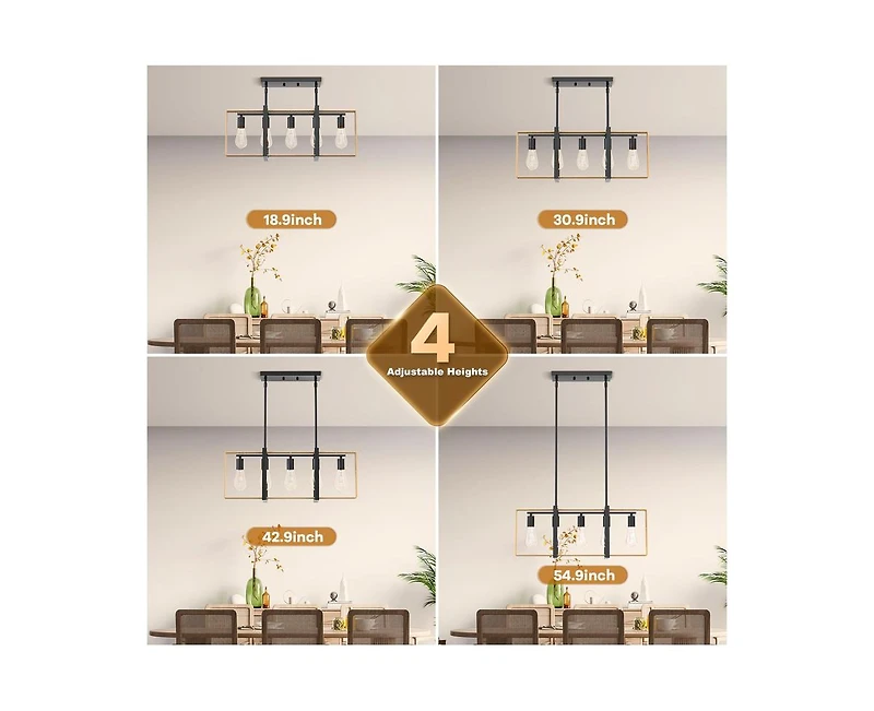 gaomon Kitchen Island Light Fixture Over Table, Farmhouse Chandeliers for Dining Room, 5-Light Adjustable Dining Room Light Fixtures, Rattan+Metal Pen