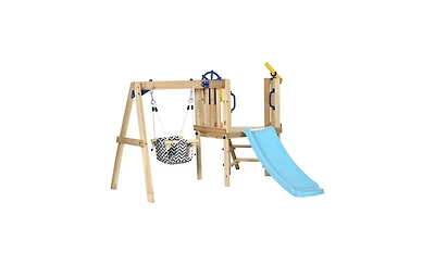Slickblue Wooden Swing Set with Toddler Slide – Safe and Sturdy Outdoor Playset for Young Children, Perfect for Backyard Fun