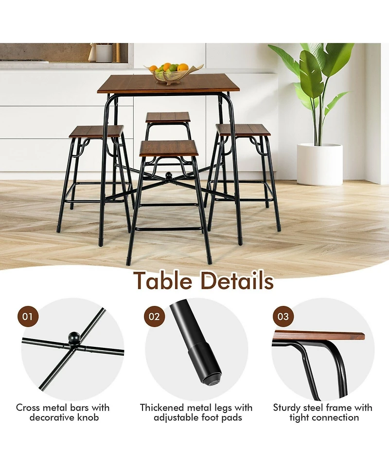 Sugift 5 Pieces Bar Table Set with 4 Counter Height Backless Stools