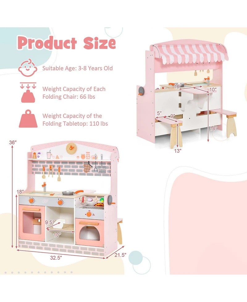 Gouun Double-Sided Kids Play Kitchen Set with Canopy and 2 Seats