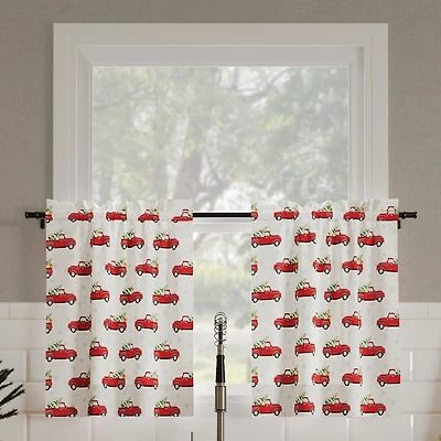 Christmas Pickup Truck Semi-Sheer Rod Pocket Kitchen Curtain Tier Pair