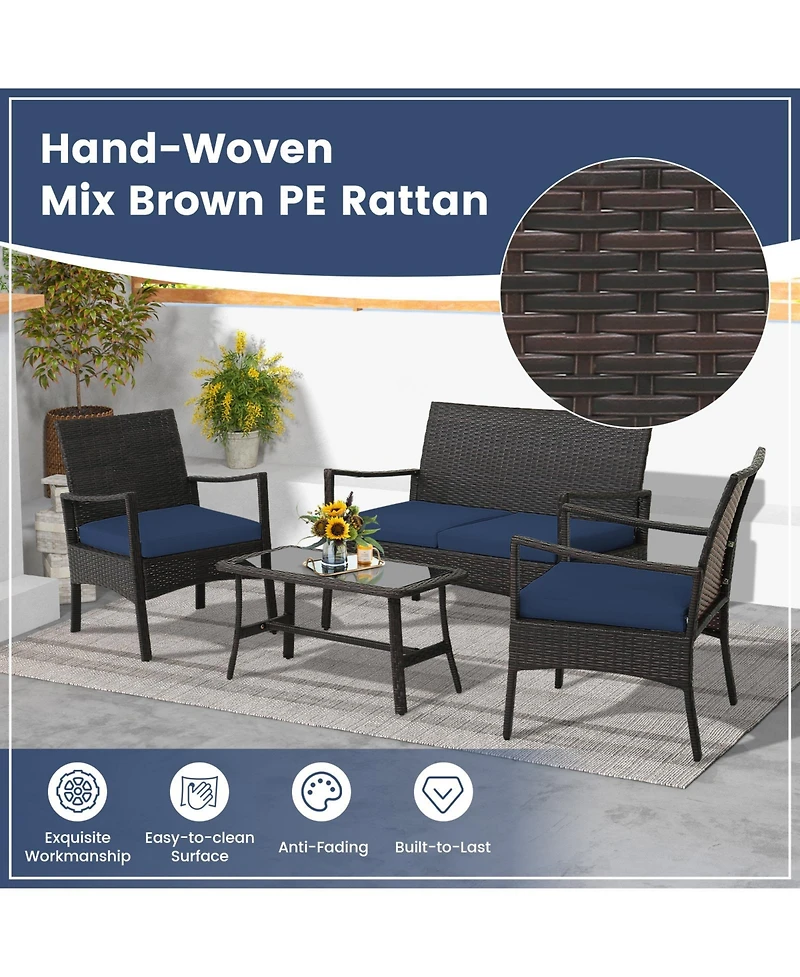 Sugift 4 Pieces Rattan Conversation Set with Tempered Glass Coffee Table
