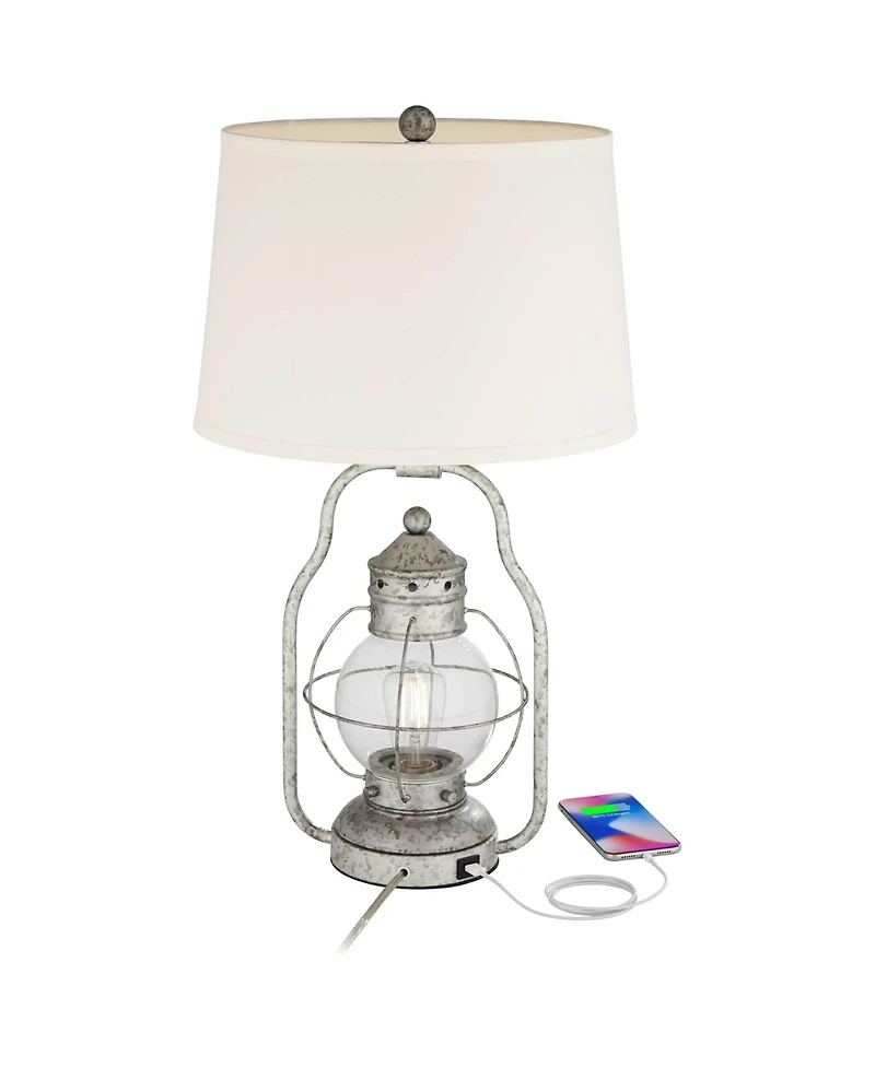 Franklin Iron Works Bodie Rustic Industrial Table Lamp with Usb Charging Port Nightlight Antique Led Edison 26" High Distressed Silver Off White Linen