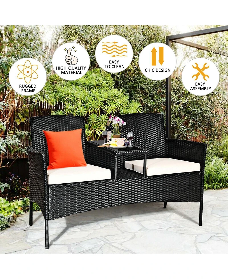 Sugift Wicker Patio Conversation Furniture Set with Removable Cushions and Table