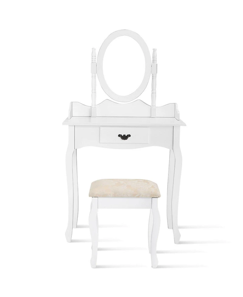 Sugift Wooden Vanity Table Set with Oval Mirror and Cushioned Stool