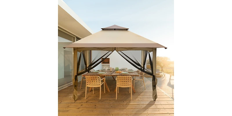 Slickblue Khaki Oxford Cloth Folding Shed with Right-Angle 4-Sided Gauze Mesh and Double-Top Overhangs