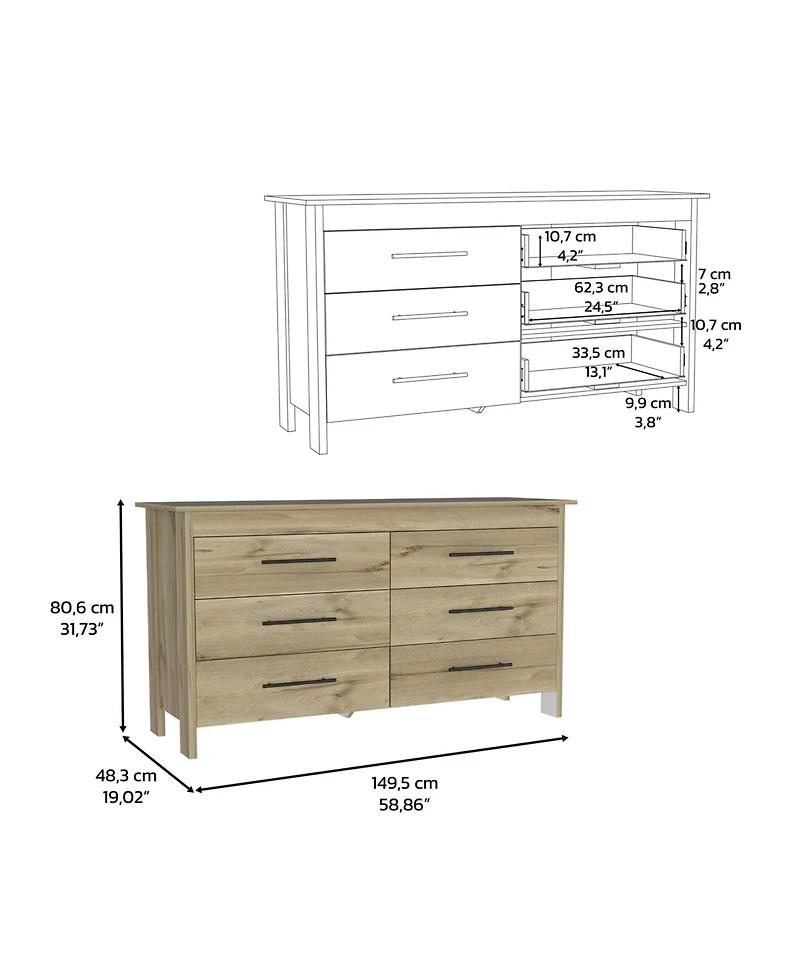 Paris 6 Drawer Double Dresser, Four Legs, Superior Top, White