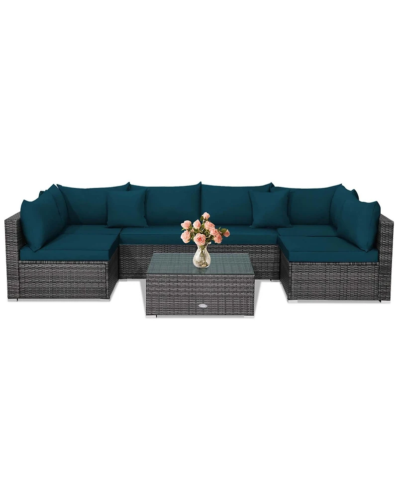 Costway 7PCS Patio Rattan Furniture Set Sectional Sofa Cushioned Garden Peacock