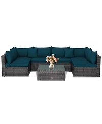 Costway 7PCS Patio Rattan Furniture Set Sectional Sofa Cushioned Garden Peacock