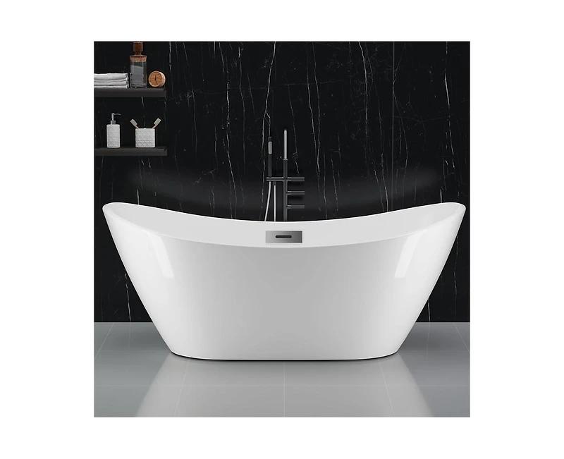 gaomon 59" Freestanding Bathtub, White Acrylic Streamline Stand Alone Soaking Bath Tubs for Adult with Overflow and Drain in Chrome, Perfect for Your
