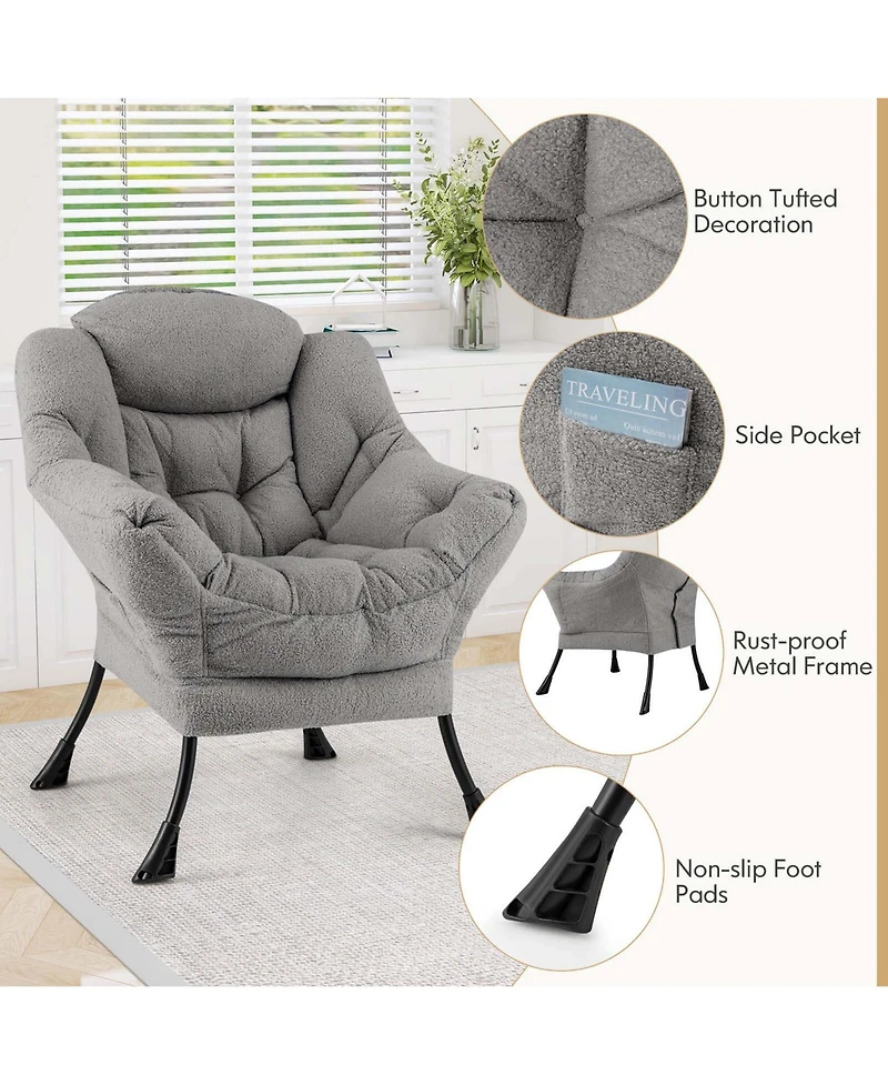 Large Lazy Chair with Cozy Head Pillow Stylish Tufted Back & Seat Armrests