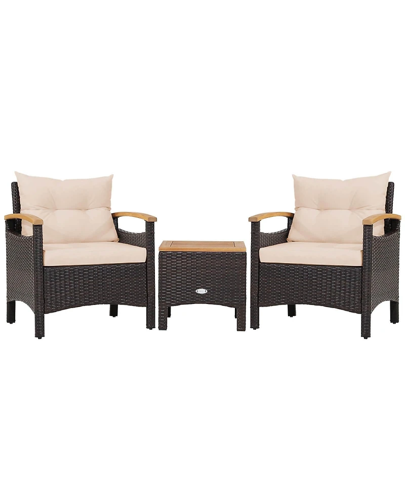 3PCS Patio Rattan Furniture Set Wooden Armrest Table Top Cushioned