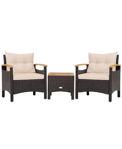 3PCS Patio Rattan Furniture Set Wooden Armrest Table Top Cushioned