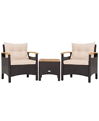 3PCS Patio Rattan Furniture Set Wooden Armrest Table Top Cushioned