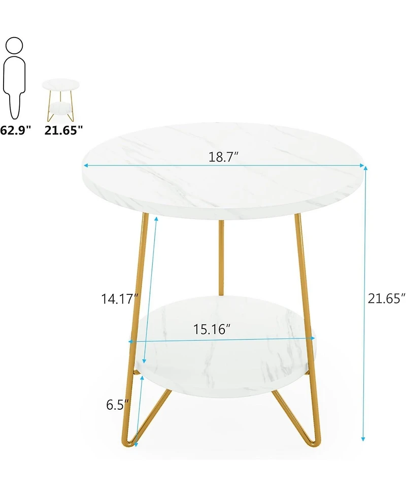 Tribesigns Faux Marble End Table Set of 2, 2 Tier Round Side Table with Shelves, Modern Gold Nightstand Bedside Table Small Coffee Accent Table for Li