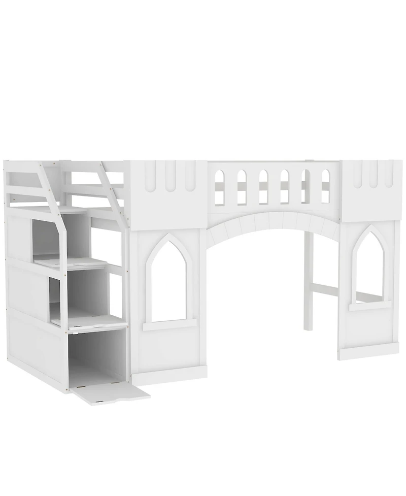 Streamdale Twin Loft Bed with Storage Staircase and Window, White