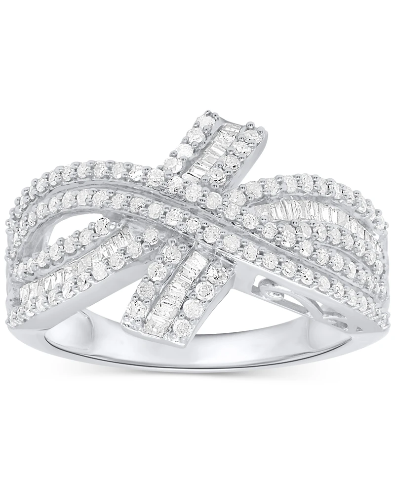 Diamond Round & Baguette Crossover Ring (3/4 ct. t.w.) Sterling Silver