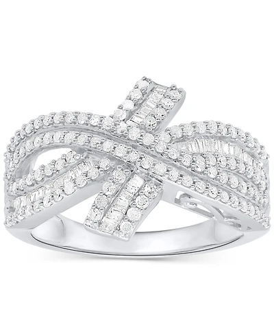 Diamond Round & Baguette Crossover Ring (3/4 ct. t.w.) Sterling Silver