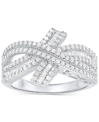 Diamond Round & Baguette Crossover Ring (3/4 ct. t.w.) Sterling Silver