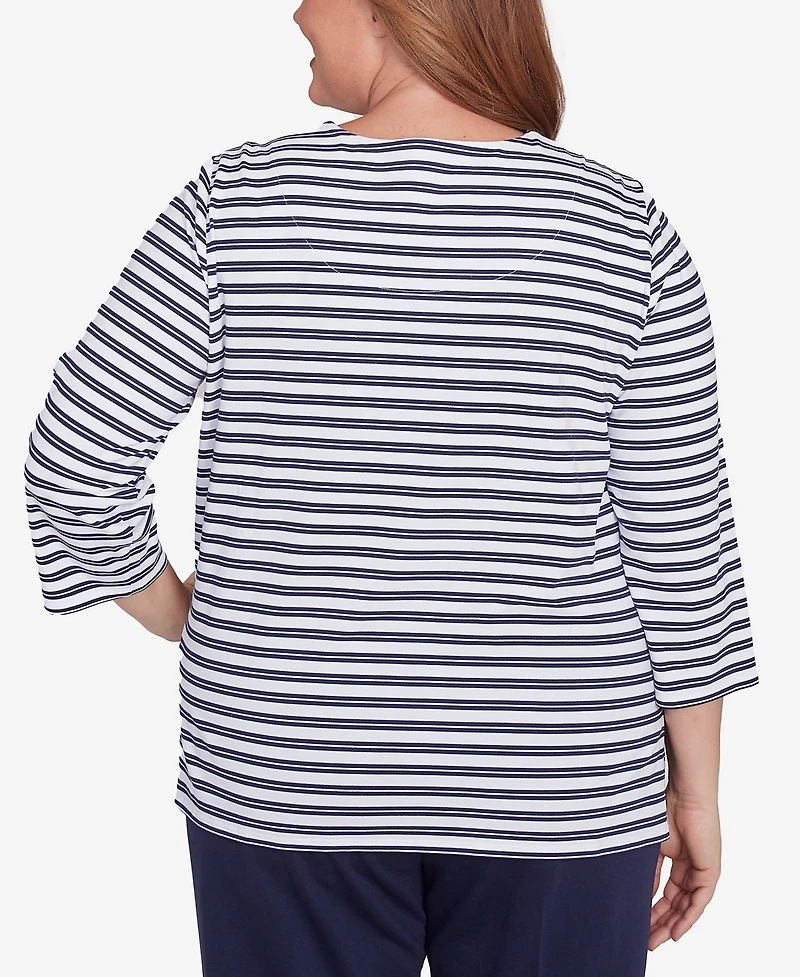 Alfred Dunner Plus Size Block Island Striped Top with Embroidered Neckline