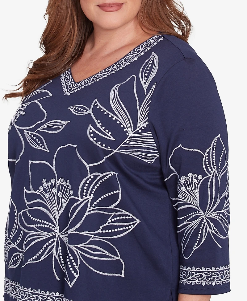 Alfred Dunner Plus Size Block Island Dynamic Floral Embroidered V-Neck Top