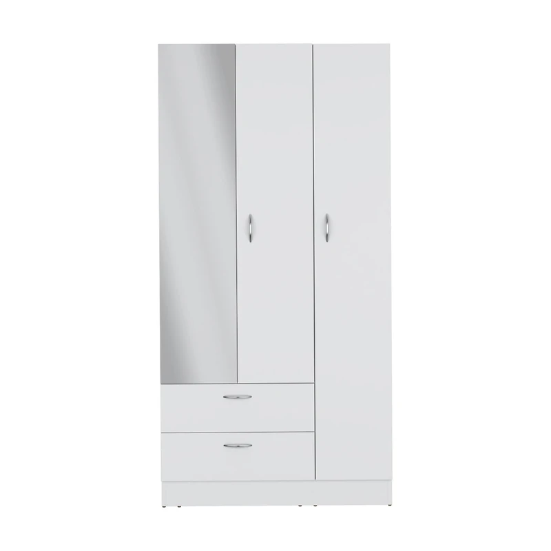 Troy wardrobe with 3 doors, one with mirror, two drawers, four shelves and hanging bar,White