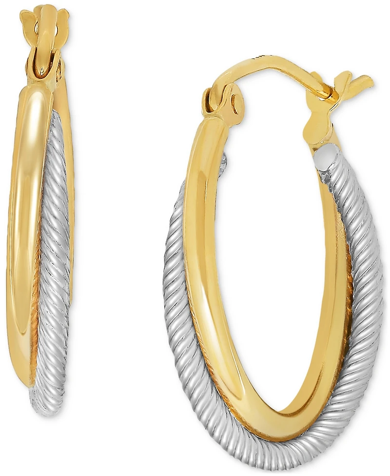 Small Polished Crossover Tube Hoop Earrings in 10K Yellow and White Gold, 0.7"