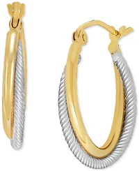 Small Polished Crossover Tube Hoop Earrings in 10K Yellow and White Gold, 0.7"