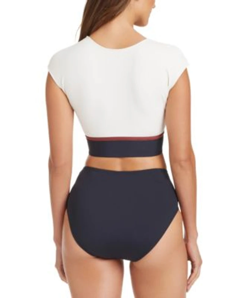 Bleu By Rod Beattie Womens Button Down Cap Sleeve Cropped Bikini Top High Waisted Bottoms