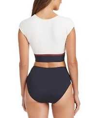 Bleu By Rod Beattie Womens Button Down Cap Sleeve Cropped Bikini Top High Waisted Bottoms