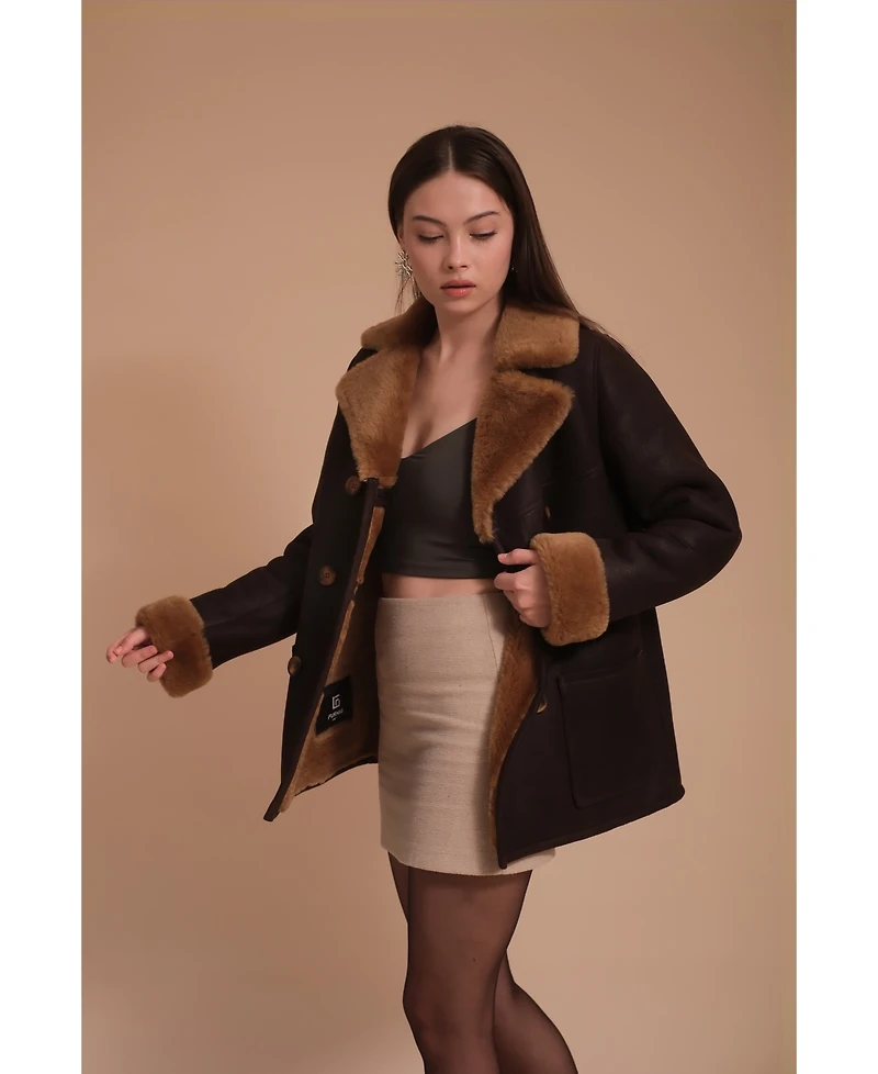 Furniq Uk Women's Leather Sheepskin Peacoat, Brown, Created for Macy's