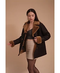 Furniq Uk Women's Leather Sheepskin Peacoat, Brown, Created for Macy's