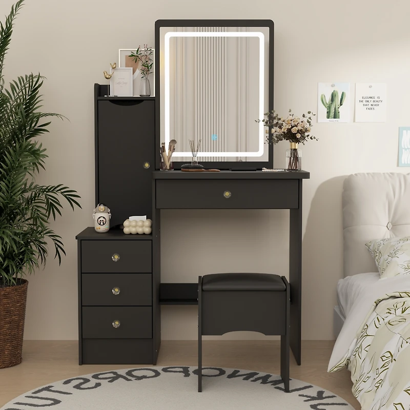 Homsee Grey Wood Silding Led Mirror Makeup Vanity Sets Dresser Table With Storage Shelves, 4-Drawers and Stool