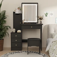 Homsee Grey Wood Silding Led Mirror Makeup Vanity Sets Dresser Table With Storage Shelves, 4-Drawers and Stool