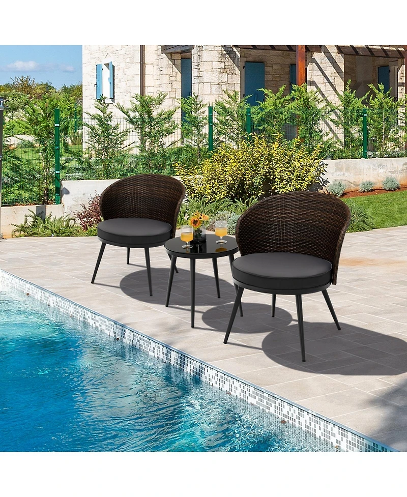Sugift 3 Pieces Patio Rattan Bistro Set with 2 Seat Cushions and Tempered Glass Tabletop
